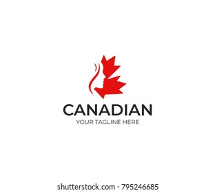 Woman and canadian maple leaf logo template. Beautiful woman's face silhouette in canadian leaf vector design. Girl face and leaves illustration