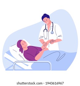 Woman with cancer in bed at the hospital. The oncologist is standing next to her and holding her hand. Awareness lavender ribbon. Oncology treatment concept. Vector illustration. Flat style.