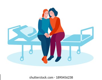 A woman with cancer sits on a bed in a hospital. A friend hugs, supports. Lavender ribbon. The concept of support of family and friends with oncology. Vector illustration in flat cartoon style.