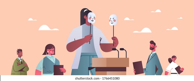 woman candidate politician covering face under masks with different emotions fake feeling election day mental disorder changing natural personality concept portrait horizontal vector illustration