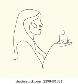 Woman with a candle in a modern single line art style. Human hands holding a memory candle in the hands. Continuous one line drawing for home decor outline, posters, wall art, logo, banners