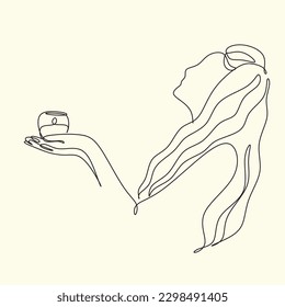 Woman with a candle in a modern single line art style. Human hands holding a memory candle in the hands. Continuous one line drawing for home decor outline, posters, wall art, logo, banners