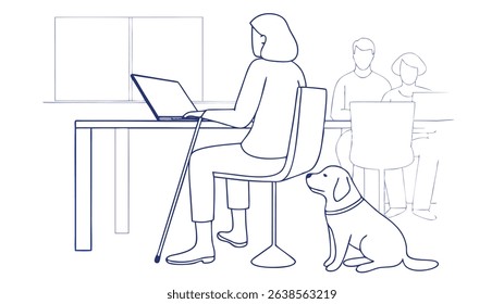 Woman with a cane working on a laptop at a desk, accompanied by a dog, in a collaborative workspace with other individuals engaged in discussion and teamwork