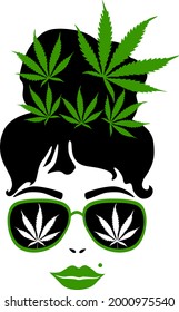 Woman with cannabis leafs in her hair. girl with sunglasses. Smoking joint. Cannabis leaf.Hair style. Vector image