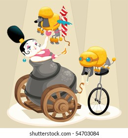 Woman with cannon and dachshunds in the circus. Cartoon and vector illustration. Isolated objects.