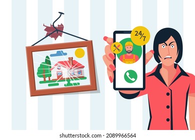 Las mujeres no pueden pegar una foto en la pared. Llama a los maestros para todas las manos. Llama al teléfono. Llama a reparador a través de la aplicación en un smartphone. Diseño plano de ilustración vectorial. Aislado sobre fondo blanco. 