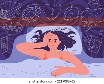 Woman cannot fall asleep at night lying on the bed