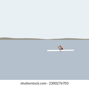 Woman canoeing  along river. Cloudy Sky Artistic Render.. Extreme woman rafting, kayaking, canoeing and sailing. Outdoor leisure activity