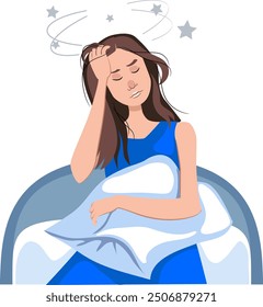 La mujer no puede dormir debido a la migraña Causa fuertes dolores de cabeza. Ilustración vectorial