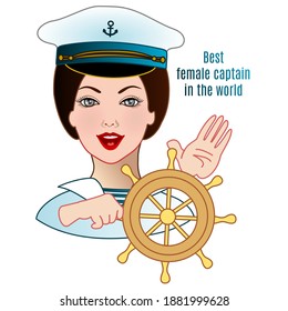 Woman in a cap with an anchor holds the helm in hands, emoticon on white isolated background with inscription Best female captain in the world