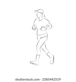 Woman with cap jogging illustration vector hand drawn with black lines isolated on white background  