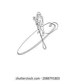 Woman with cap on stand up paddle board or SUP  illustration vector hand drawn isolated on white background line art.