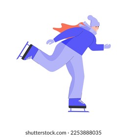 A woman in a cap, scarf and mittens is skating, cartoon character, flat vector illustration, enjoy winter season, winter sport
