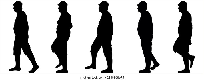 Woman in a cap and shorts. Woman 80 years old. Human poses are suitable for motion animation. Women walk one after another in one line. Black female silhouettes are isolated on a white background.