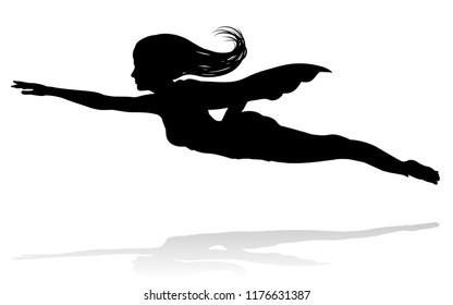 A woman caped superhero flying in silhouette