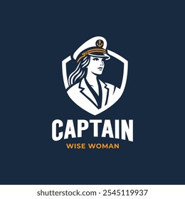 Mulher Capitã com escudo emblema seguro Logo Design.Liderança com chapéu de marinha náutica 