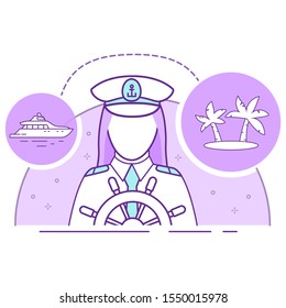 Woman captain in uniform. Cruise on a yacht to a tropical island. Icon for tourist travel. Line art vector.Isolated on a white background.