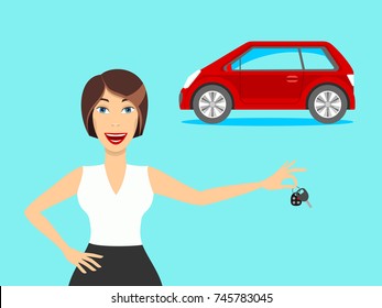 A woman and a car. A woman buys or sells a car. Vector.
