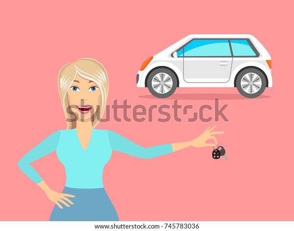 A
woman and a car. A woman buys or sells a car.
Vector.