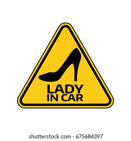 Woman car driver sticker. Female in automobile warning sign. Lady lipstick in yellow triangle to a vehicle glass. Vector illustration.
