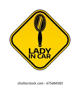 Woman car driver sticker. Female in automobile warning sign. Lady looking-glass mirror in yellow rhombus to a vehicle glass. Vector illustration.