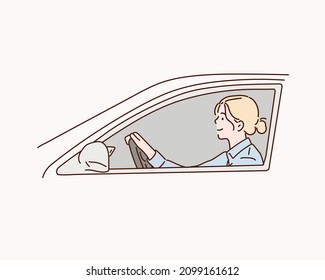 woman in car. woman driving car. Hand drawn style vector design illustrations.