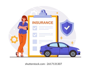 Woman with car insurance. Young girl near transport insurance. Coverage from accidents and disasters. Safety and protection of automobile. Flat vector illustration