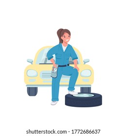 Woman car mechanic flat color vector detailed character. Female technician. Cheerful lady working in automobile repair service isolated cartoon illustration for web graphic design and animation