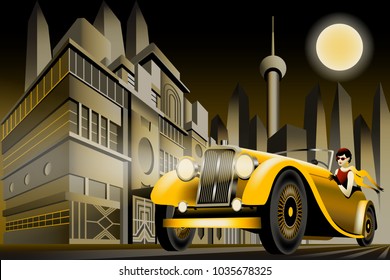 The woman in the car on the road. Handmade drawing vector illustration. Art deco style.