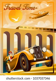 The woman in the car on the road. Handmade drawing vector illustration. Art deco style.