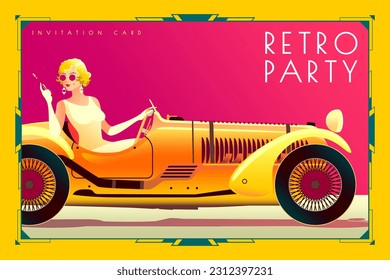 The woman in the car on the road. Handmade drawing vector illustration. Art deco style. Invitation card. Retro party poster.