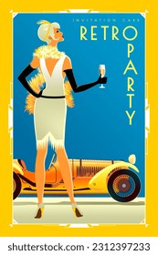 The woman and the car on the road. Handmade drawing vector illustration. Invitation card. Retro party poster. Art deco style.