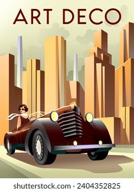 La mujer en el auto en la carretera en la Metropolis. Ilustración de vector de dibujo hecha a mano. Afiche de estilo Art Déco.