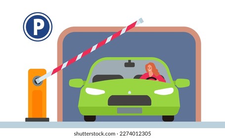 woman in car parking garage entrance with barrier vetor illustration