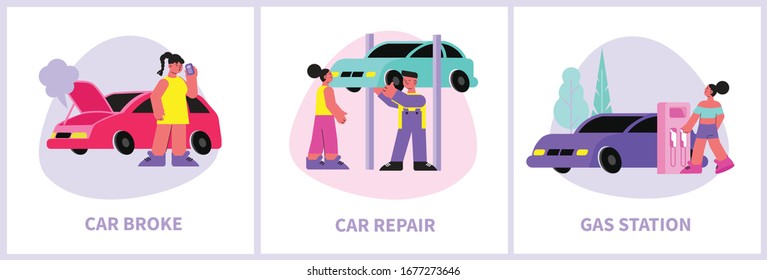 Woman car set with three flat compositions of editable text and doodle female characters with automobiles vector illustration
