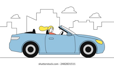 Woman in car. Young girl travels through city in vehicle. Driver at road or highway. Person in cabriolet. Character driving auto. Linear vector illustration isolated on white background