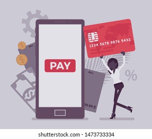 Woman with card making digital bill, mobile payment. Female consumer, businesswoman paying for online goods, product, support, service, smartphone content. Vector illustration with faceless character