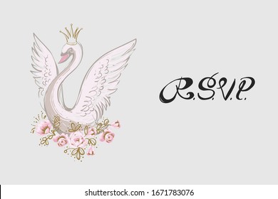 Woman card with princess swan and quote: rsvp. Hand drawn illustrated greeting card for girls. Lovely design with tender illustration and motivational text.