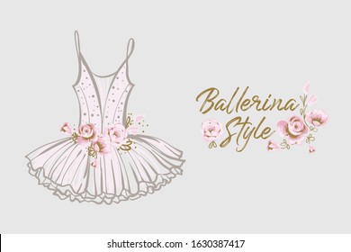 Woman card with tutu dress and quote: ballerina style. Hand drawn illustrated greeting card for girls. Lovely design with tender illustration and motivational text.