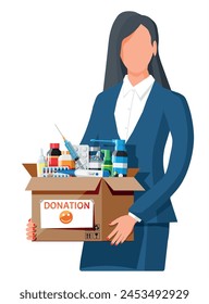 Mujer y caja de cartón llena de drogas. Artículos necesarios para la donación. Diferentes pastillas, botellas, atención médica, farmacia. Medicamento medicamentoso, antibiótico vitamínico. Dona caridad, acción de gracias. Ilustración vectorial plana