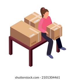 Mujer con cajas de cartón preparándose para la reubicación Icono isométrico Icono 3d ilustración vectorial