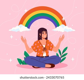 Las mujeres se preocupan por la salud mental. Joven sentada en posición de loto. Conciencia y conciencia plena, meditación. Calma interior y paz. Ilustración de vector plano de dibujos animados aislado sobre fondo rosa