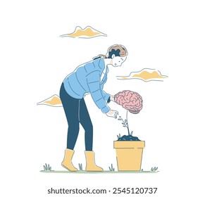 Woman care about mental health. Young girl near flower pot with sprout with brain. Awareness and mindfulness. Positivity and optimism. Linear vector illustration isolated on white background