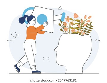 Woman care about mental health. Young girl with watering can waters silhouette of head with flowers. Awareness and minfulness. Linear vector illustration isolated on white background