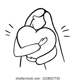 A woman with care and love hugs a big heart. The concept of self-acceptance and confidence. I love you greeting card. Love yourself. Hand drawn illustration of a girl hugging herself. Pregnant mom.