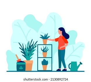 Woman care from plant in flower pot, hobby home garden. Green zone in house, plant and flower. Vector illustration