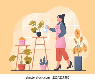 Woman care of plants. Young girl watering leaves and flowers. Horticulture and environmental care. Comfort and coziness in apartment, element of interior and decor. Cartoon flat vector illustration
