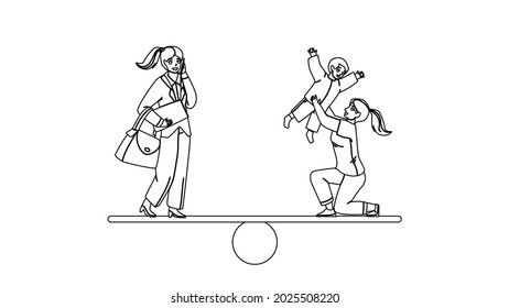 Woman Career And Family Life Time Balance Black Line Pencil Drawing Vector. Businesswoman Work And Mother Playing With Son Life Decision. Girl Profession Illustration