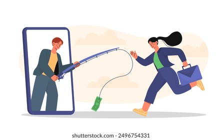 Woman with career trap. Businesswoman runs after fishing rod with suspended banknote. Business risk. Entrepreneur with financial illiteracy and greed. Flat vector illustration