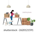 Woman carefully packing and labelling cardboard boxes for relocation, preparing household items and belongings for transport with her dog